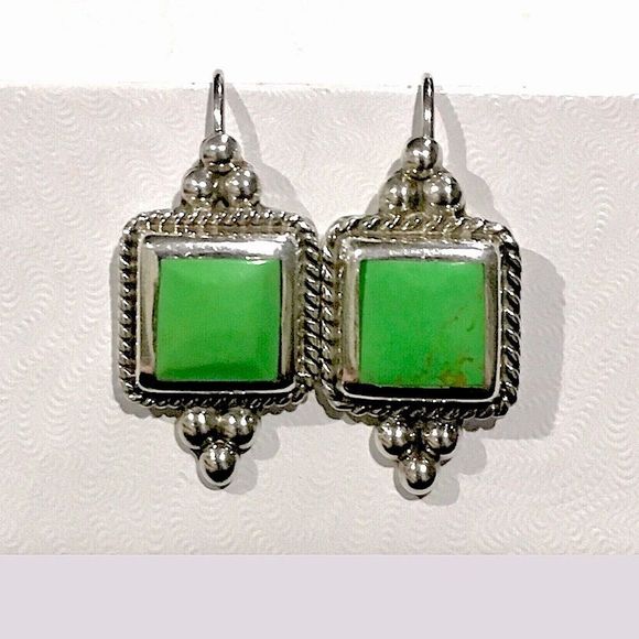 TAXCO Green Turquoise Sterling Drop Earrings - Picture 4 of 6